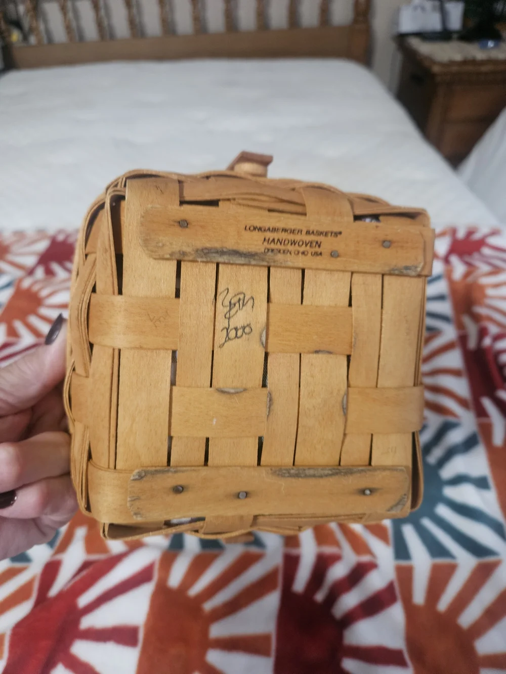 Longaberger Brown Wood Basket with Blue-Green Plaid Liner